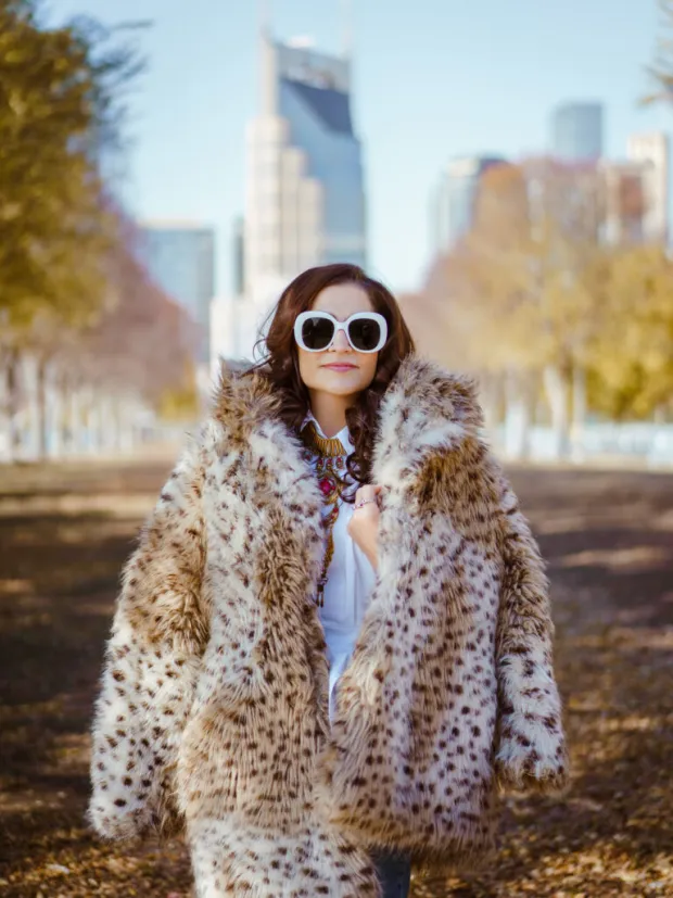 Monica Ortiz in fur coat